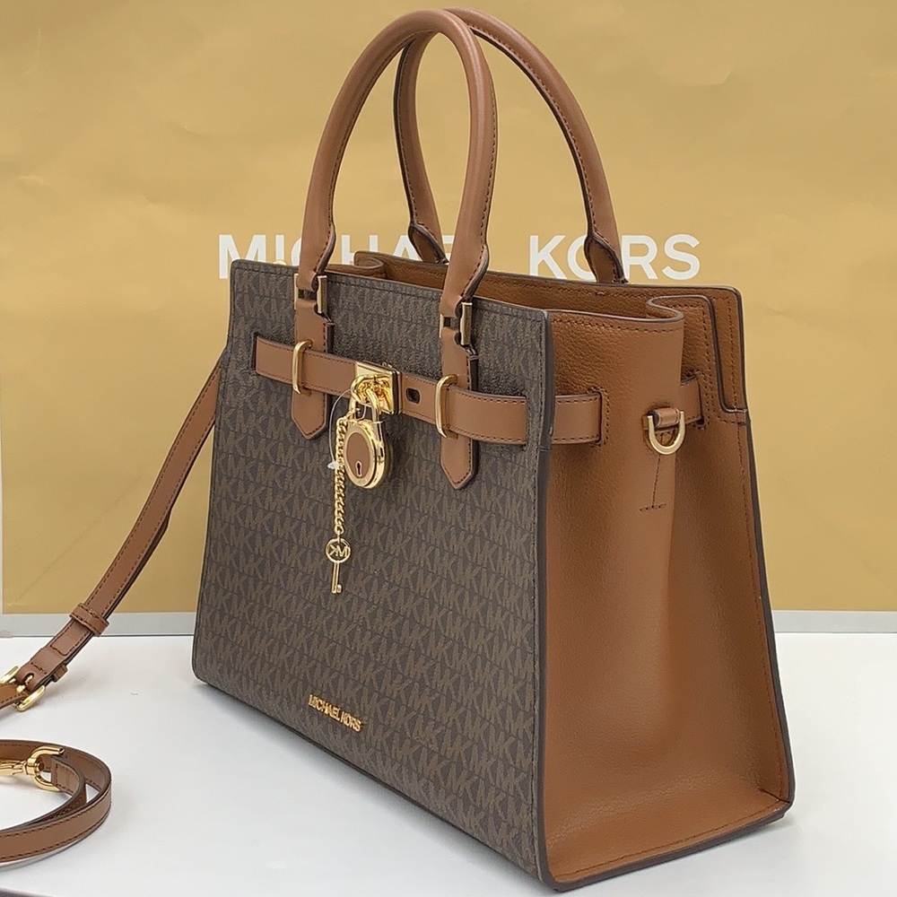 Michael Kors Hamilton Med Satchel Shoulder Crossbody Bag Luggage/Brown Signature - Picture 5 of 16